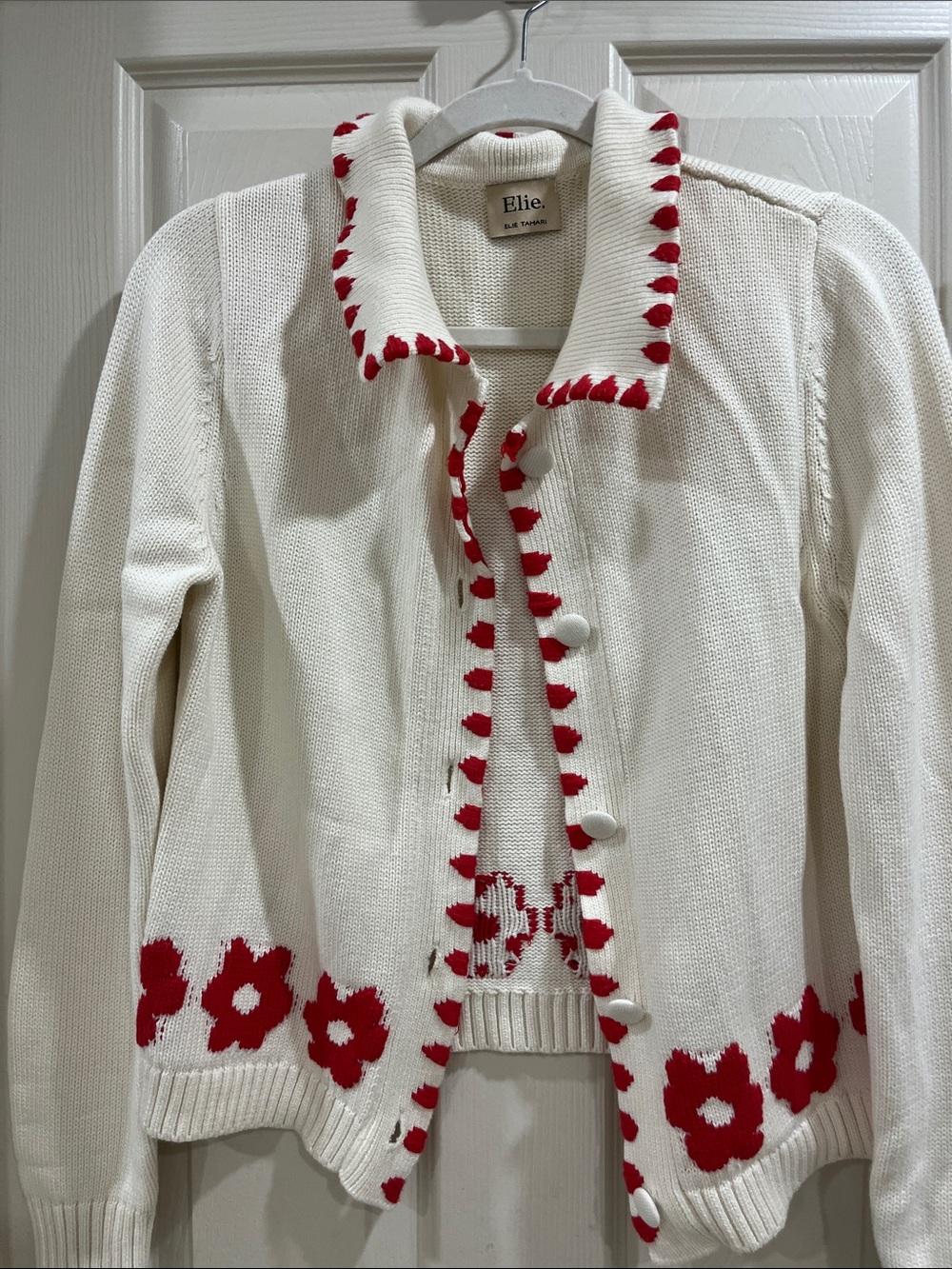 Cream & Red Floral Knit Cardigan Sweater